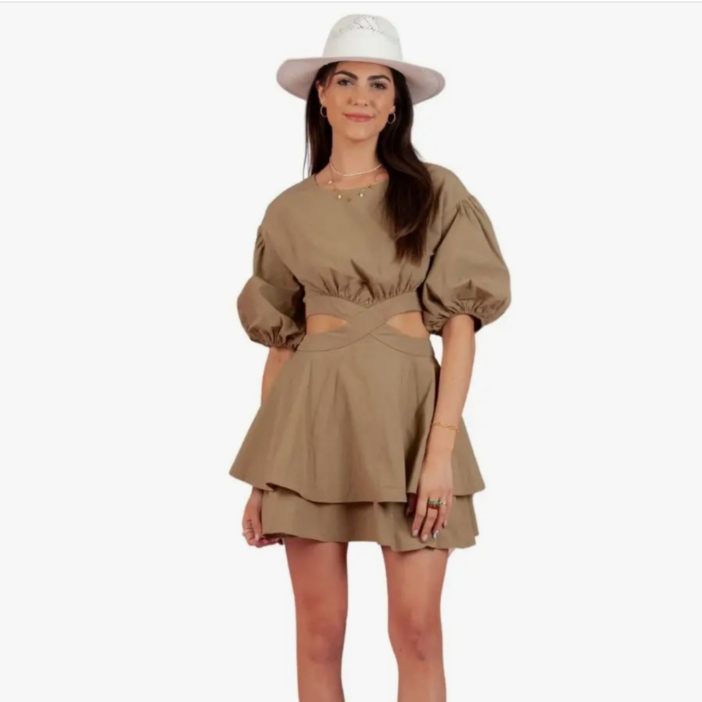 Nwt VICI Puff Sleeve Mini Cutout Dress small 4 olive green - Picture 8 of 13